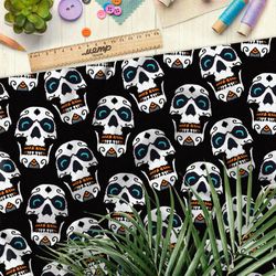 Ткань дюспо сахарные черепа на чёрном фоне