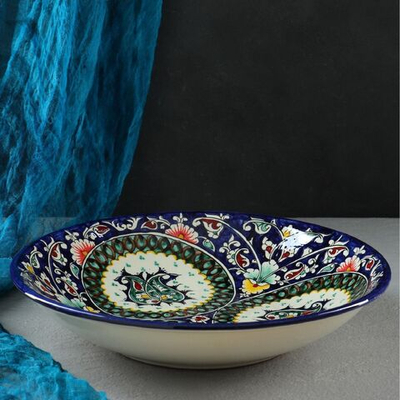 Ляган Риштанская Керамика Узоры , 33 см, глубокий, синий