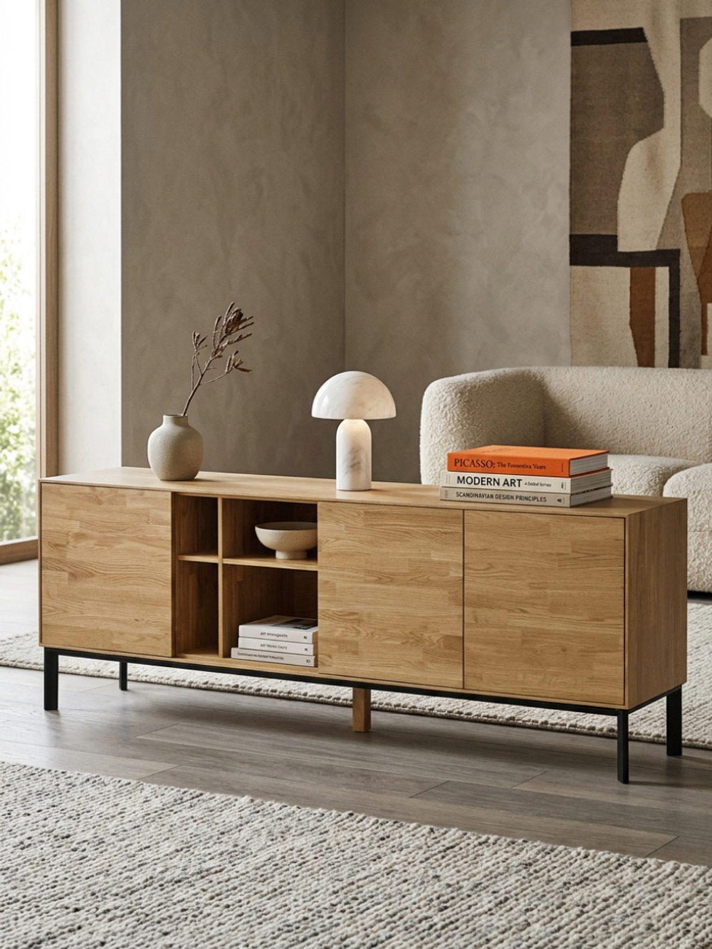 Комод 200х42х71 Виби, для вещей и одежды, массив дуба, тумба под телевизор на металлических ножках в стиле лофт, Dipriz