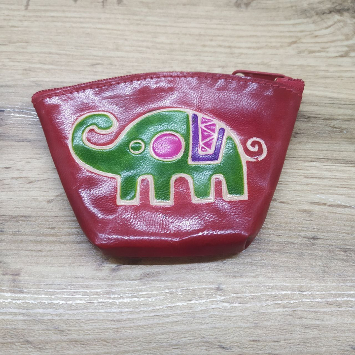 Кошелек под мелочь Слон цвет красный, кожа, ручной принт 11x1,5x7,5 см