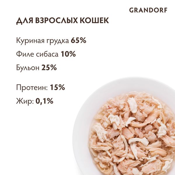 Консервы Grandorf для кошек, куриная грудка с сибасом