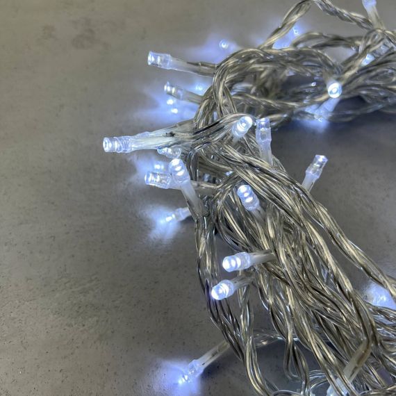 Светодиодная нить 100 холодных белых LED ламп, 10 м., 220-230В., прозрачный провод ПВХ, LTC (PST100-10-2W)