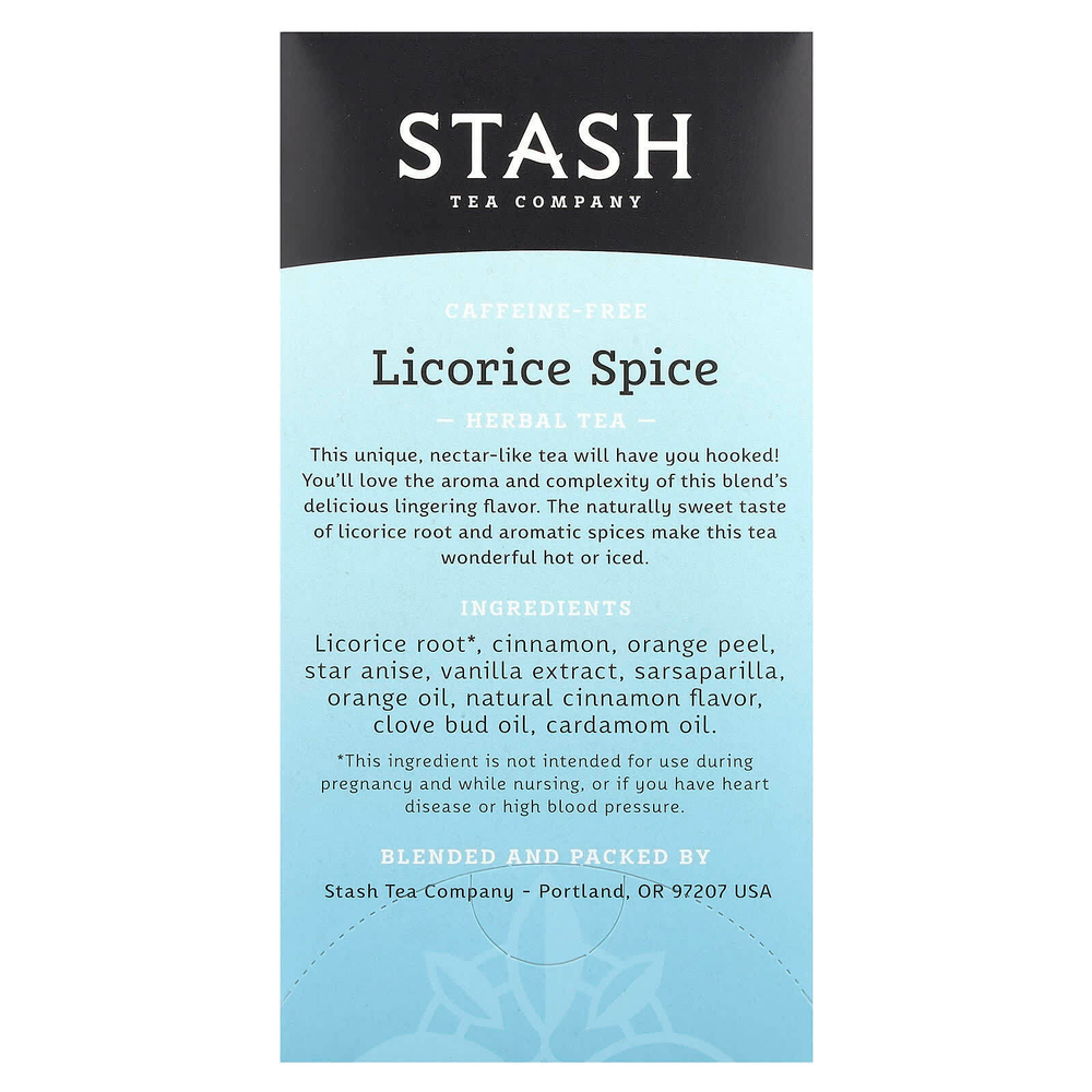 Stash Tea, Травяной чай высшего сорта, лакрица и пряности, без кофеина, 20 чайных пакетиков, 1,2 унции (36 г)