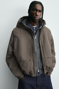 ZARA КУРТКА ИЗ ТЕХНИЧЕСКОЙ ТКАНИ С ФЛИСОМ, СЕРО-КОРИЧНЕВЫЙ