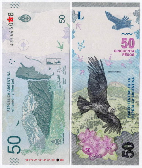 Банкнота Аргентина 50 песо 2018 год 43544502 B (Андский кондор). UNC