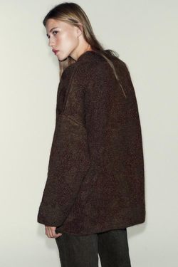 ZARA ЖАКЕТ ИЗ ТРИКОТАЖА С БЛЕСТЯЩЕЙ НИТЬЮ, КОРИЧНЕВЫЙ