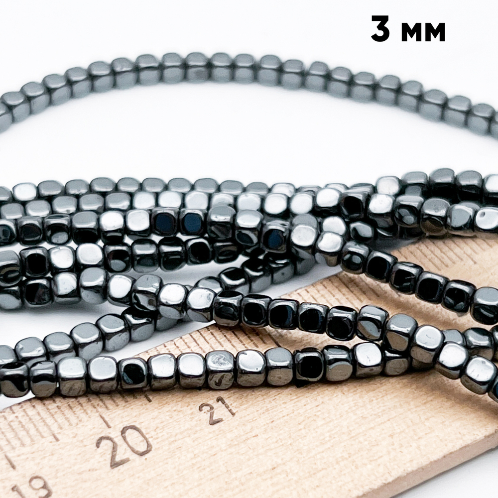 Гематит Куб бусины (имитация), цвет черный, размер около 3 мм, цена за отрезок 19 см (1/2 нити)
