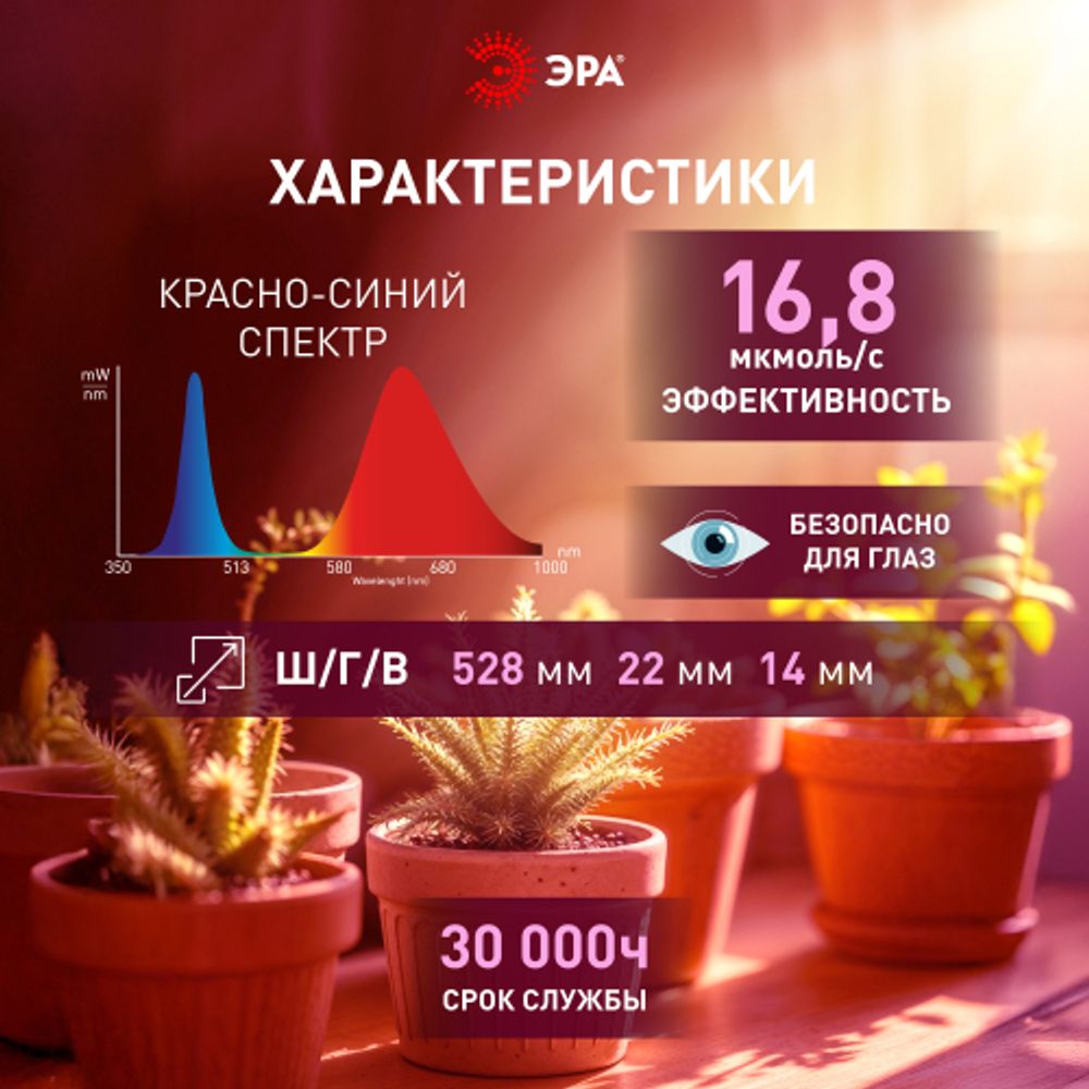 Светильник для растений, фитолампа светодиодная линейная ЭРА FITO-10W-Т5-RB-Slim красно-синего спектра 10 Вт Т5 | Линейные фито светильники