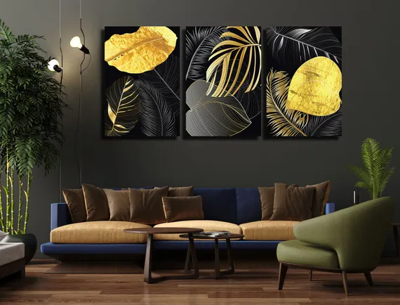 Модульная картина "Тропические листья черно-золотые"