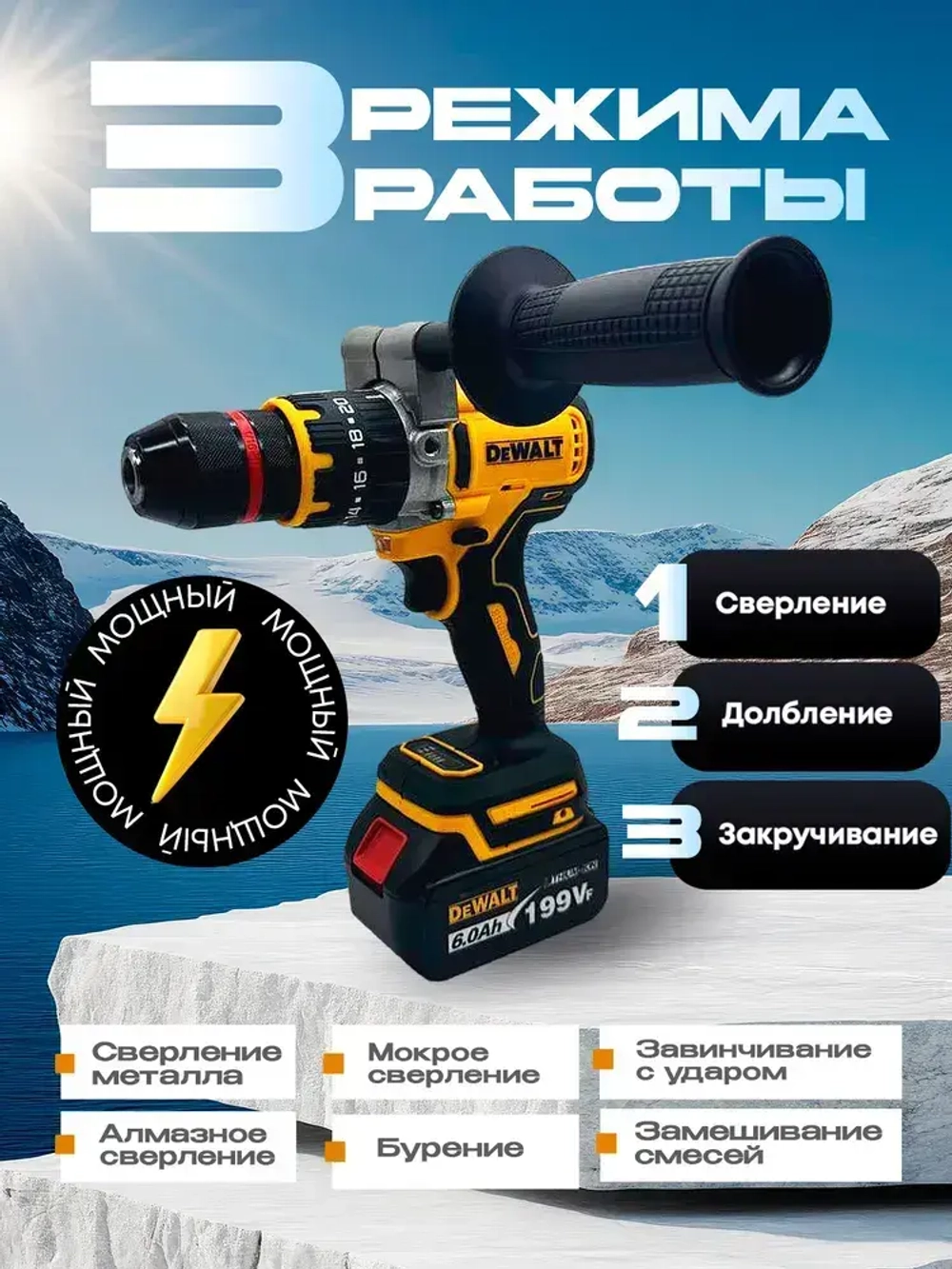 Шуруповерт ледобур бесщеточный Dewalt 21В + 2 АКБ + Кейс