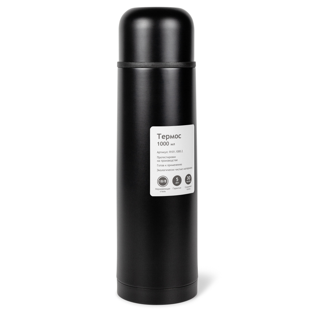 Термос Relaxika 101 (1 литр), черный (стикерпак "Красоты России")