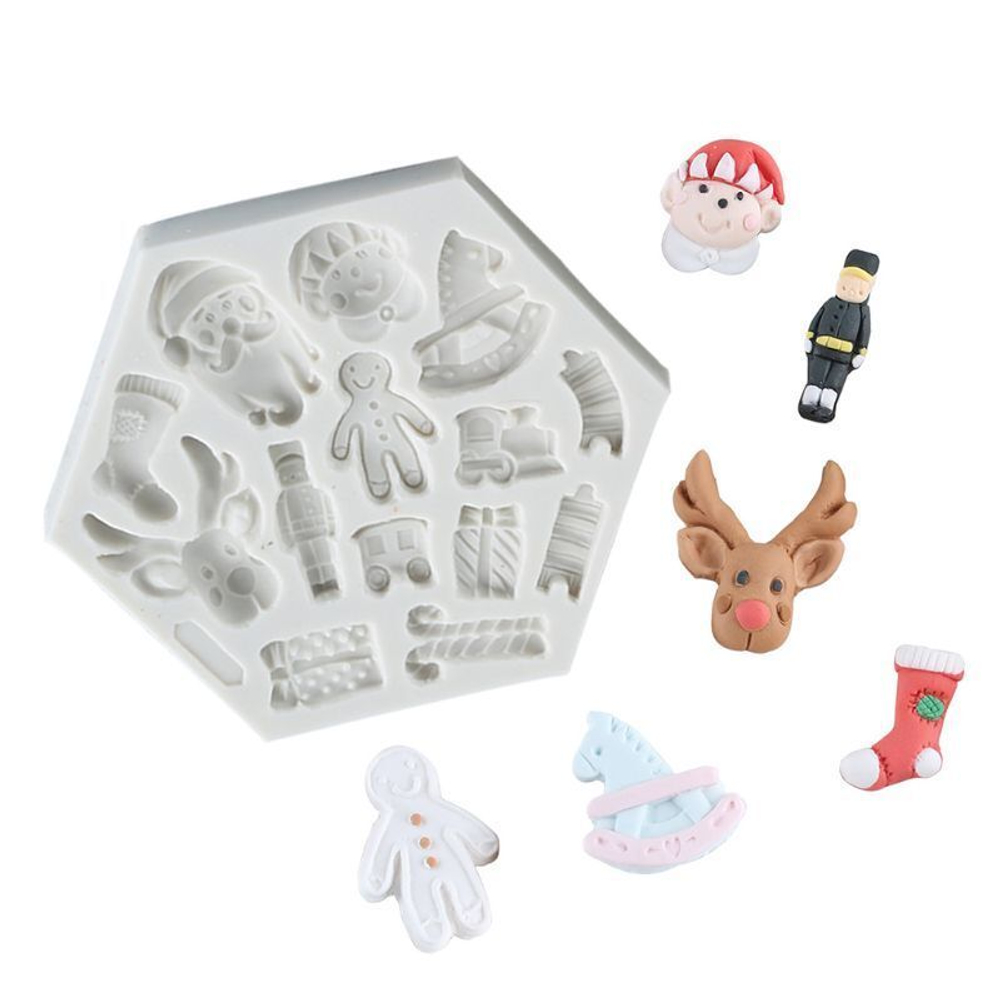Молд силиконовый "Новогодняя открытка" / Форма 3D Санта Клаус, олень, имбирный человечек / для мыла, воска, глины, самозатвердевающих масс