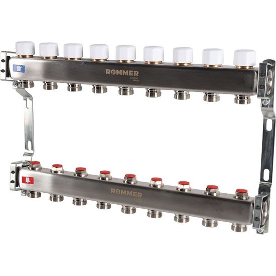 Коллектор Rommer 1"x3/4" на 9 контуров с запорными клапанами (нерж. сталь) RMS-3200-000009