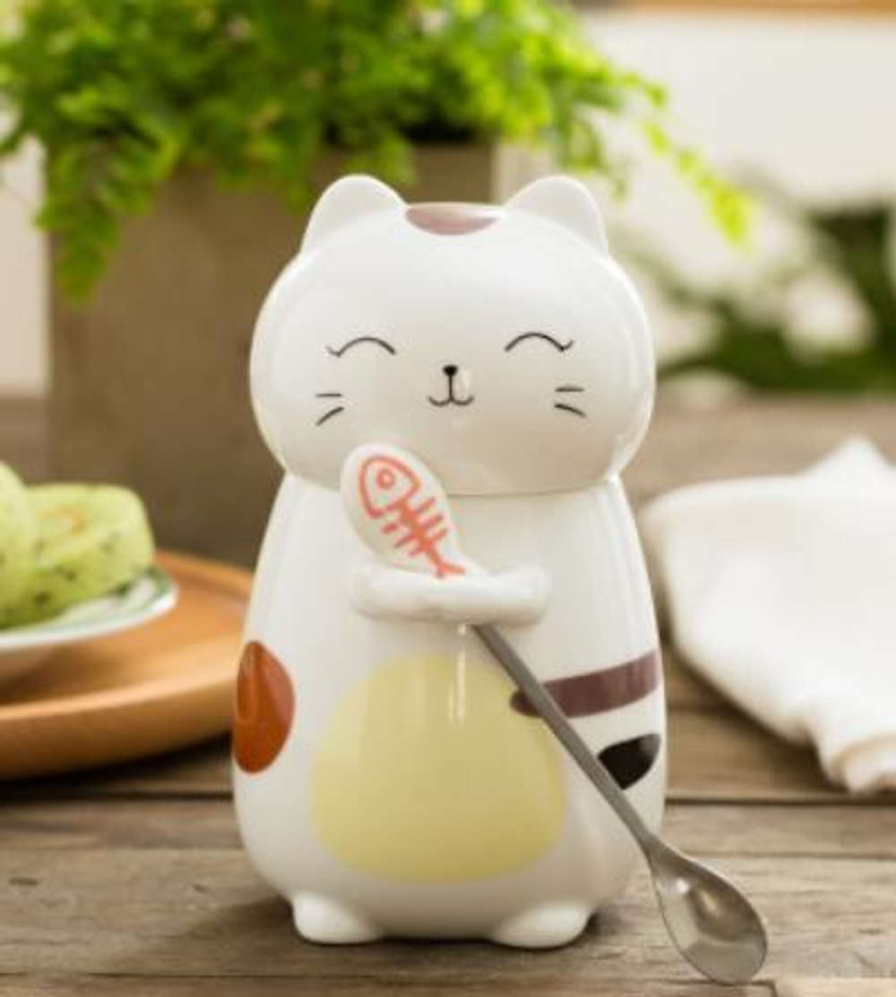 283004.2 Кружка "Котенок 3d закр.глаза" крышка+ложка, h=16,5см, d=7,5см, 400мл, керам/металл белый