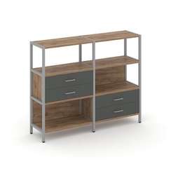 Shelf System Двухсекционный стеллаж трехярусный с ящиками SN.STM-323 Дуб Табак/Антрацит/Металл Серый