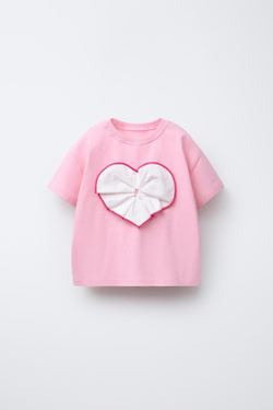 ZARA ФУТБОЛКА С КОМБИНИРОВАННЫМ СЕРДЦЕМ ИЗ ПОПЛИНА, ЯРКО-РОЗОВЫЙ