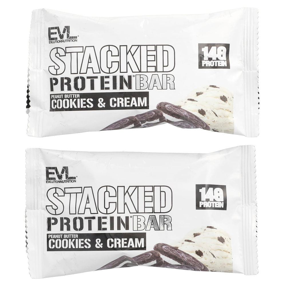 EVLution Nutrition, Stacked Protein Bar, печенье с арахисовой пастой и сливки, 2 батончика, 65 г (2,29 унции)