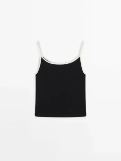 Massimo Dutti Хлопковый топ на бретелях с контрастной окантовкой, черный
