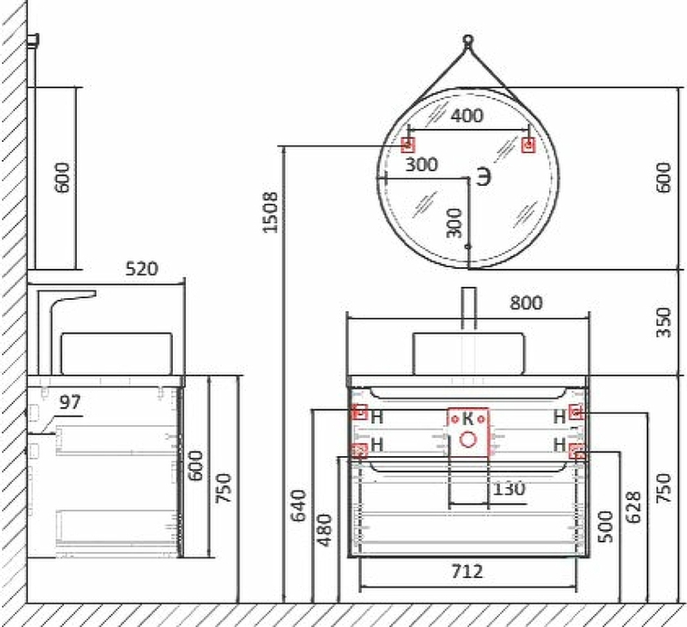 Тумба с раковиной Jorno Wood 80 см wood.01.80/P/GR серая