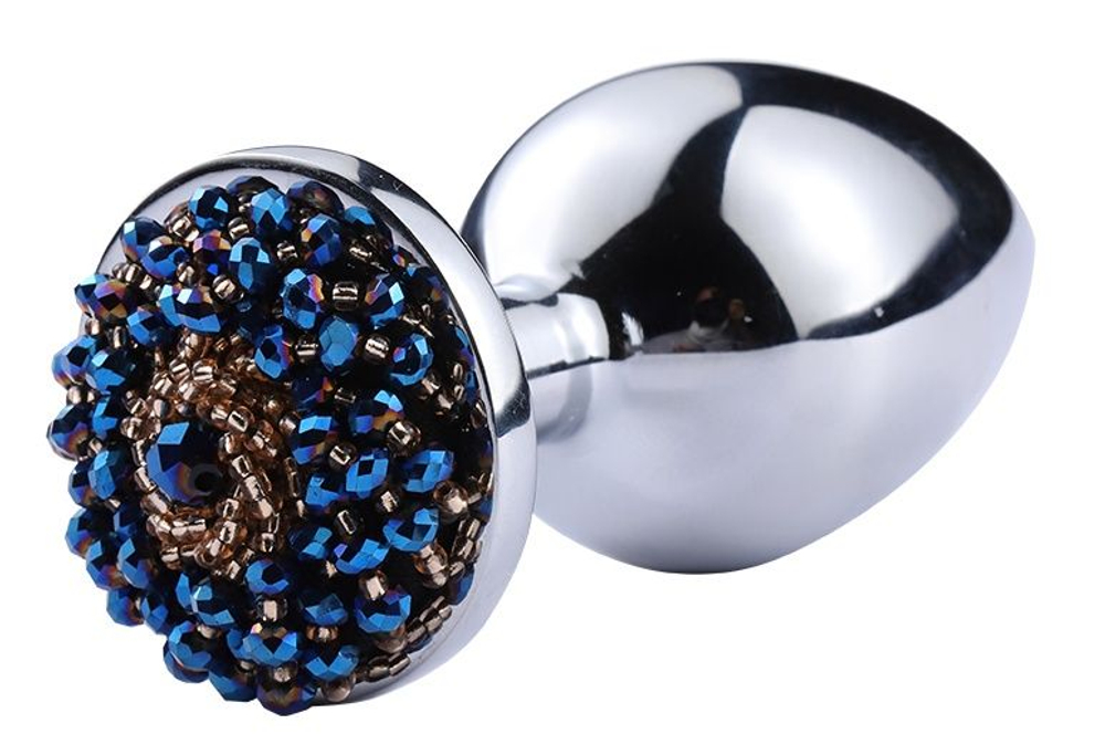Серебристая анальная пробка с синим бисером - 8,1 см. (Цвет: синий)