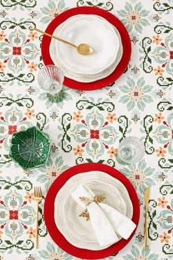 ZARA HOME ЛЬНЯНАЯ СКАТЕРТЬ С ВЫШИВКОЙ КРЕСТИКОМ,  СВЕТЛО-ЗЕЛЕНЫЙ