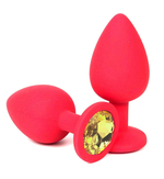 Красная силиконовая анальная пробка с желтым стразом - 9,2 см. (Цвет: желтый)