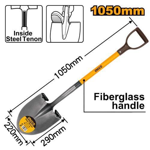 Лопата штыковая стальная 1050х220х290мм черенок стекловолокно с ручкой INGCO HSSLH1214 INDUSTRIAL