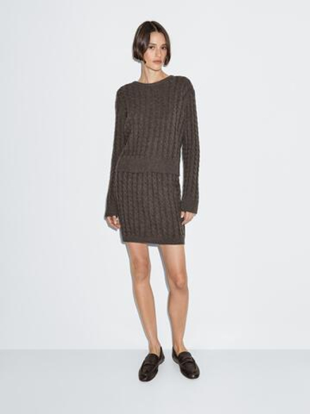 Massimo Dutti Юбка из трикотажа с отделкой косами, коричневый