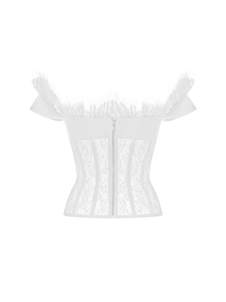 Tоп корсетного типа из крепа и кружева с рюшами и бантом