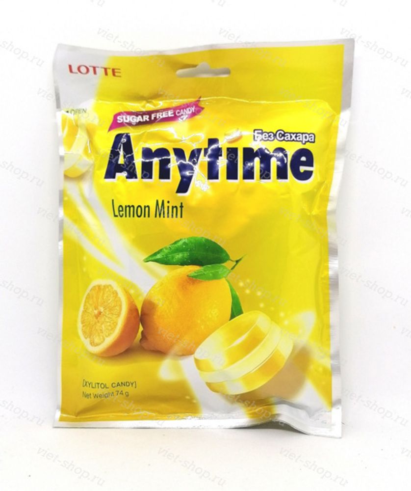 Карамель без сахара со вкусом лимона Anytime Lemon Mint Lotte, Корея, 74 гр