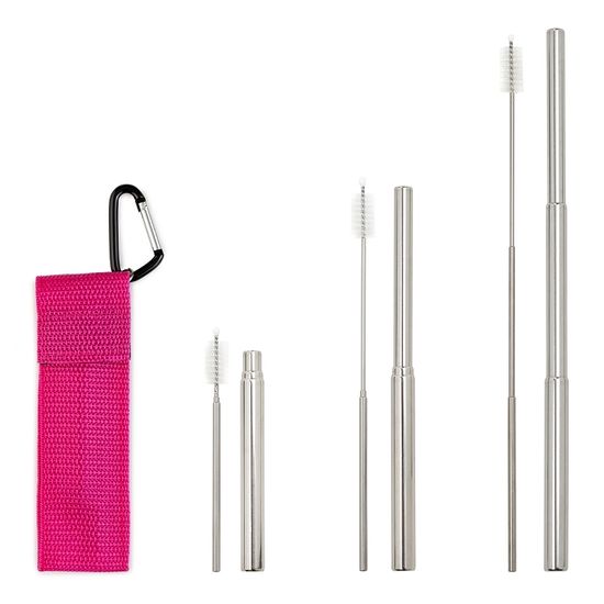 Трубочка металлическая складная с ёршиком в розовом чехле