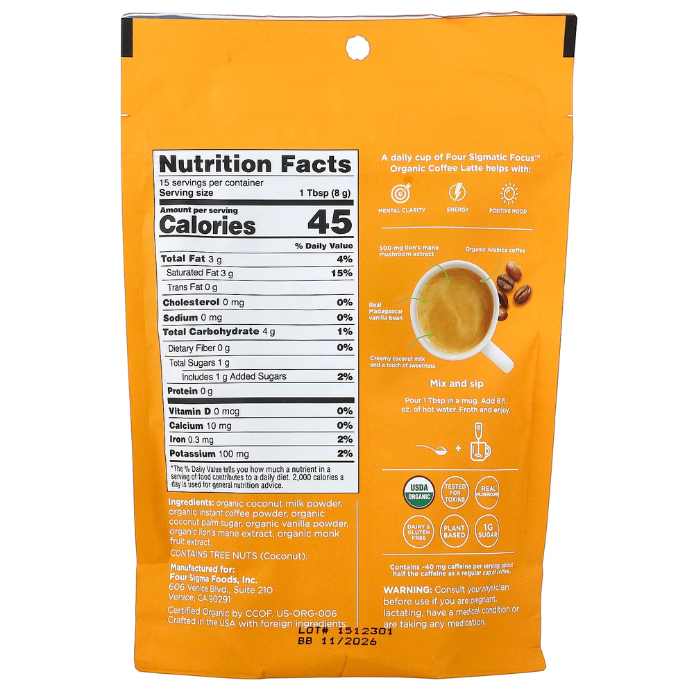 Four Sigmatic, Focus, органический растворимый кофе латте с ежовиком гребенчатым, ваниль, 120 г (4,23 унции)