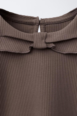 ZARA ТОП В РУБЧИК С КРУГЛЫМ ВОРОТНИКОМ, ШОКОЛАДНЫЙ