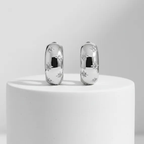 Серьги конго Звезды из серебра 925 пробы с фианитами, живое фото 2