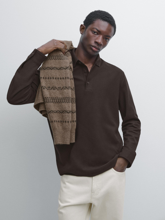 Massimo Dutti Поло из рельефной ткани пике с длинными рукавами, шоколадный