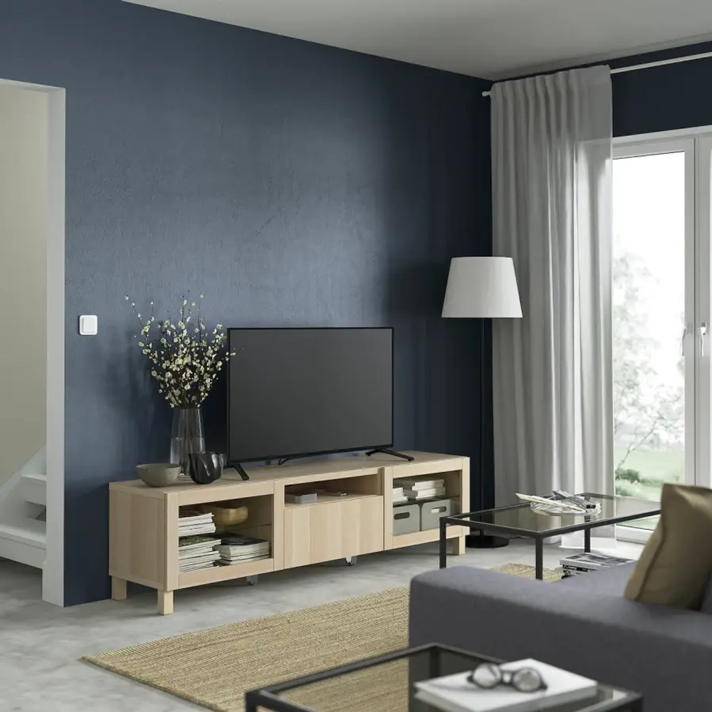 Тумба под ТВ - IKEA BESTÅ/BESTA/БЕСТО ИКЕА, 180х42х48 см, под беленый дуб