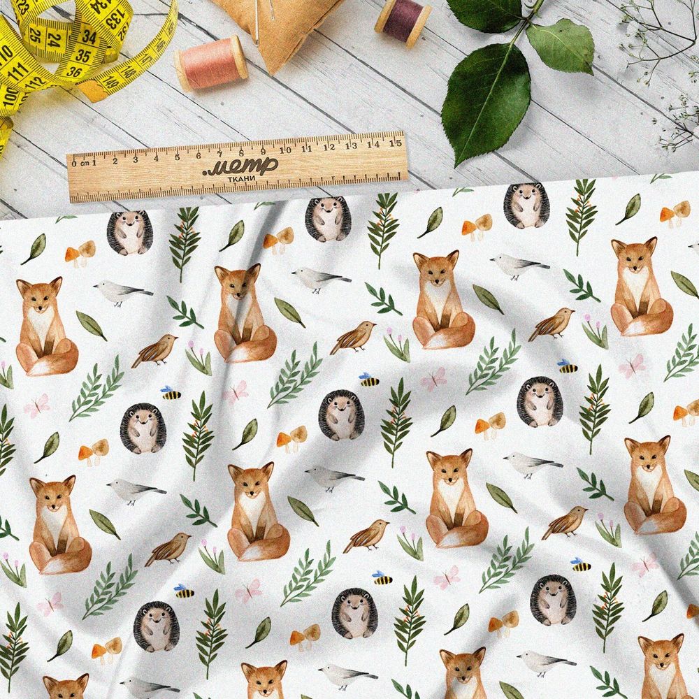 Ткань шелк Армани лисята и ежата