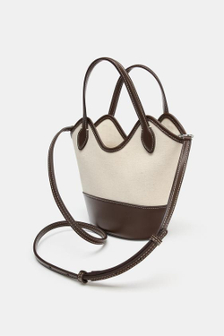 ZARA КОМБИНИРОВАННАЯ ХОЛЩОВАЯ СУМКА, СВЕТЛО-БЕЖЕВЫЙ