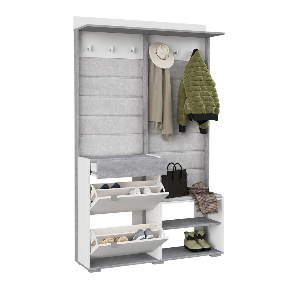 Прихожая с вешалкой и обувницей Белое сияние/Цемент светлый Акцент №4 120х32х196 см