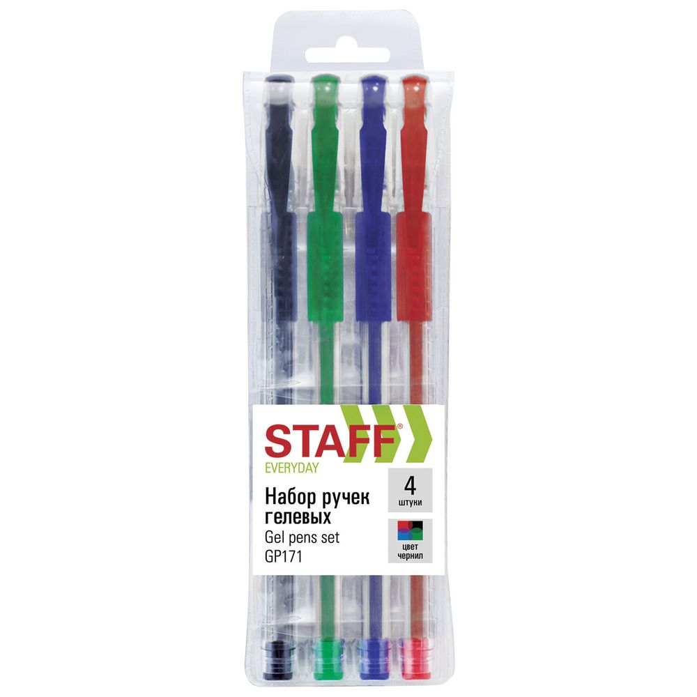 Ручки гелевые с грипом STAFF "EVERYDAY" GP-171, НАБОР 4 ЦВЕТА, узел 0,5 мм, линия письма 0,35 мм, 141826