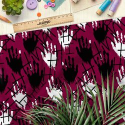 Ткань дюспо белые и чёрные отпечатки ладоней на бордовом фоне