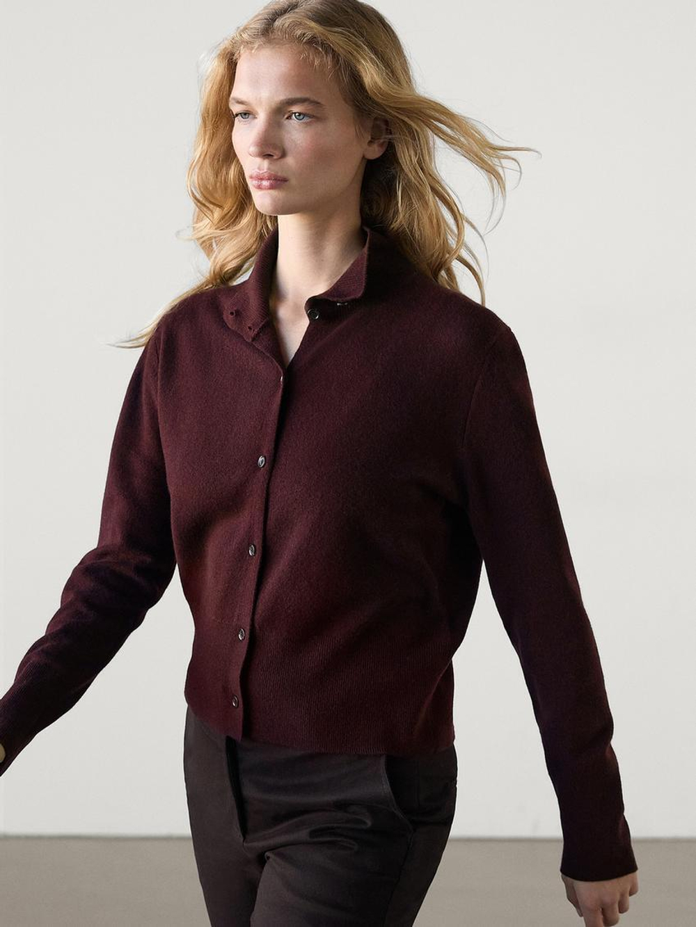 Massimo Dutti Кардиган из 100% шерсти с воротником-стойкой, бордо