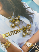 Накладка на пуговицу золотистая бронза "Жук" с прозрачными стразами