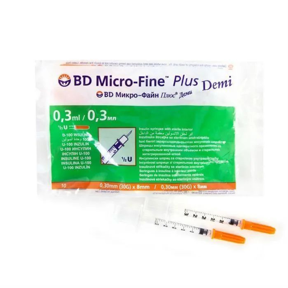 Шприц 0,3 мл 3-х компонентный BD micro-fine PLUS U-100 ДЭМИ с интегрированной иглой 30G (0,3 мм х 8 мм), 10 шт.