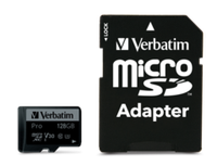 Карта памяти Verbatim Pro microSDXC 128GB UHS-I U3 V30, R/W 90/45 МБ/с с адаптером
