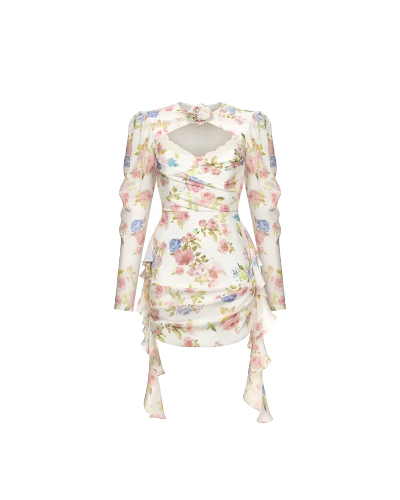 Мэйси мини (Macy mini), платье мини из молочного крепдешина с цветочным принтом