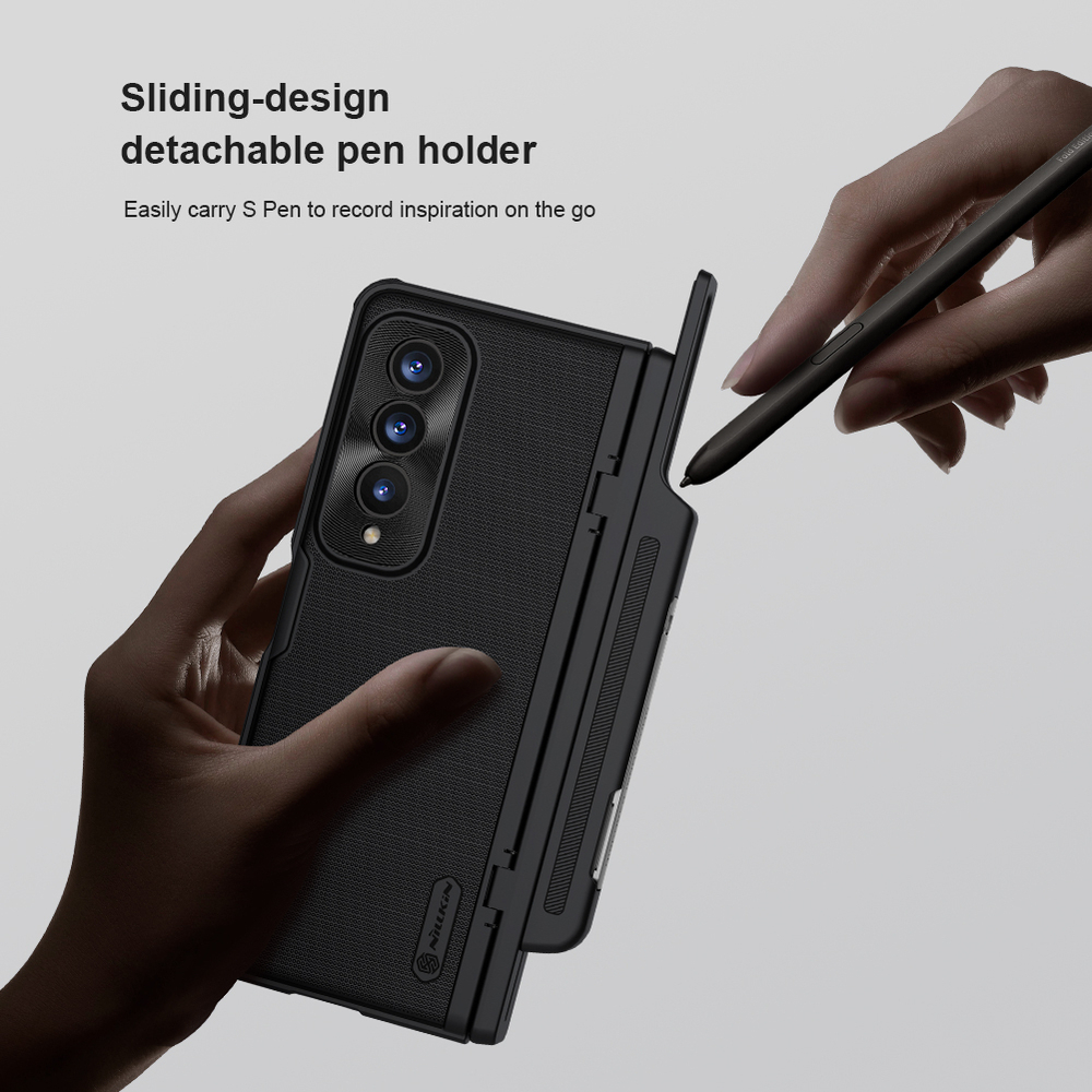 Чехол зеленого цвета на Samsung Galaxy Z Fold 4 5G от Nillkin, серия Super Frosted Shield Fold, в комплекте со съемным держателем для S Pen