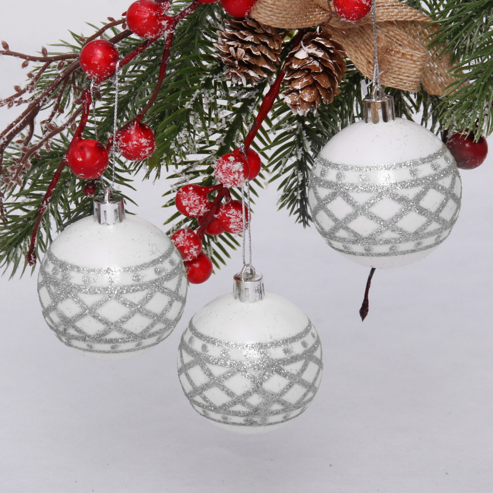 Новогодние шары 6 см (набор 3 шт) «Зимний узор», белый/серебро