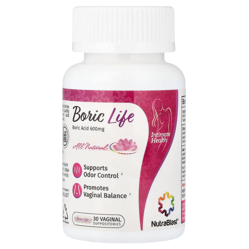 NutraBlast, Boric Life, борная кислота, 600 мг, 30 вагинальных свечей