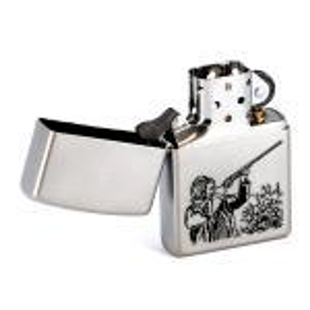 Зажигалка ZIPPO Classic Satin Chrome™ с изображением охотника с ружьём ZP-205 Hunter